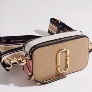 MARC JACOBS Snapshot Leather Camera Bag Tan Pink and Navy